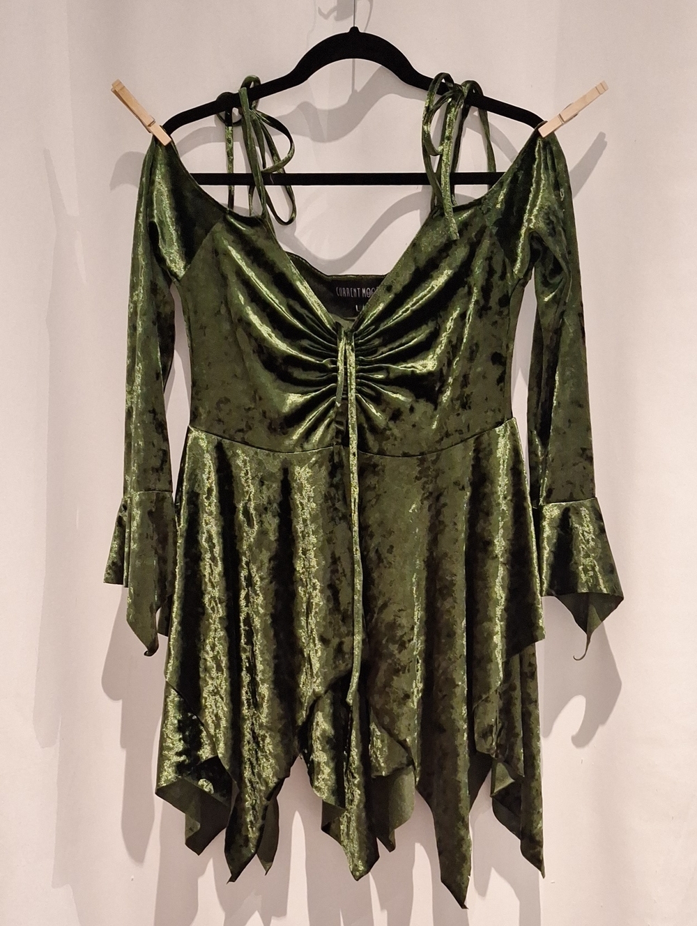 Current Mood F is For Fairies Olive Green Velvet Tie-Front Handkerchief Hem Dres